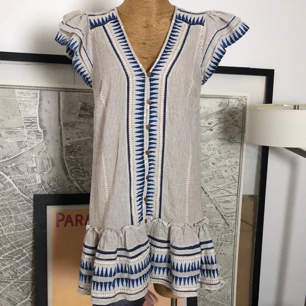 Veronica beard Blue & Cream Embroidered V-Neck Ruffle Dress Size S